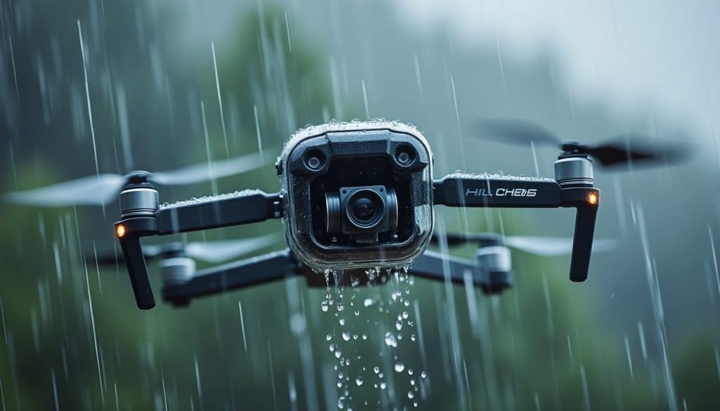 grâce à sa coque étanche, ce drone peut filmer sous une pluie battante et capturer des images même par mauvais temps.