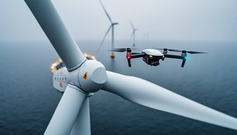 découvrez comment un drone de maintenance inspecte les pales des éoliennes géantes pour détecter les dommages et optimiser leur entretien.